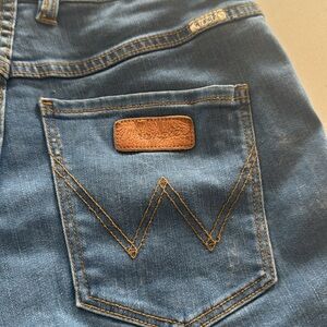 Wrangler Blue Denim Jean Shorts with Brown Accent
